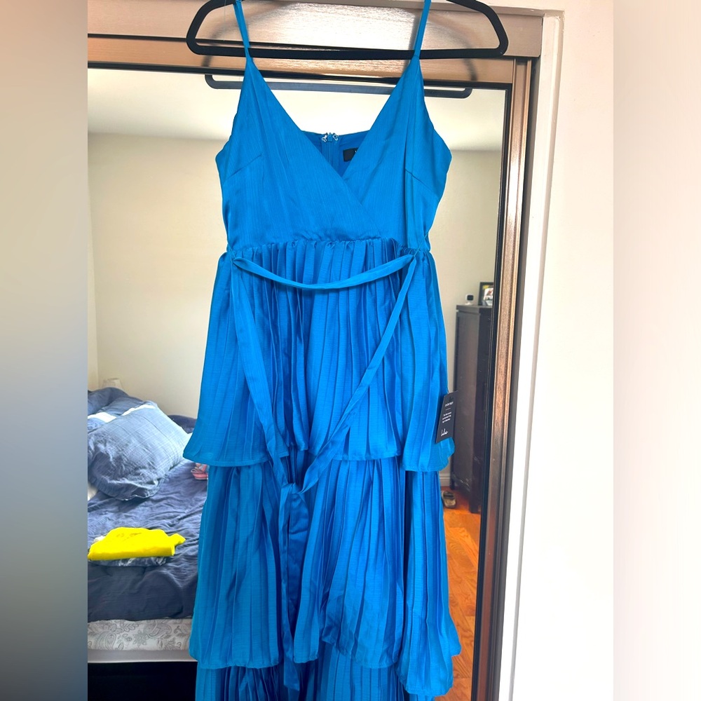 Celebrated Vibe Bright Blue Tiered Pleated Midi Dress